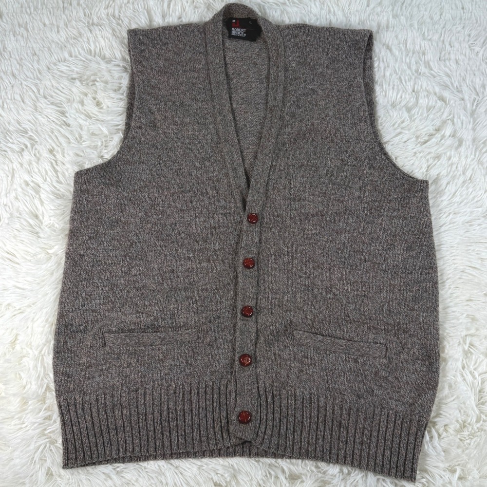 Vintage Robert Bruce Mens Brown‎ Wool Blend V Neck Knit Vest Button Up Large